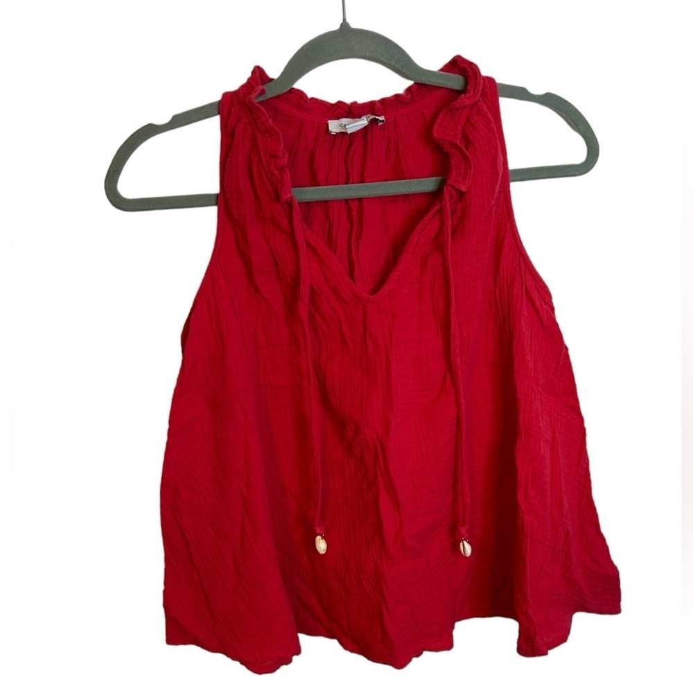 Deep Coral Sleeveless Ruffle V-Neck Women's Top